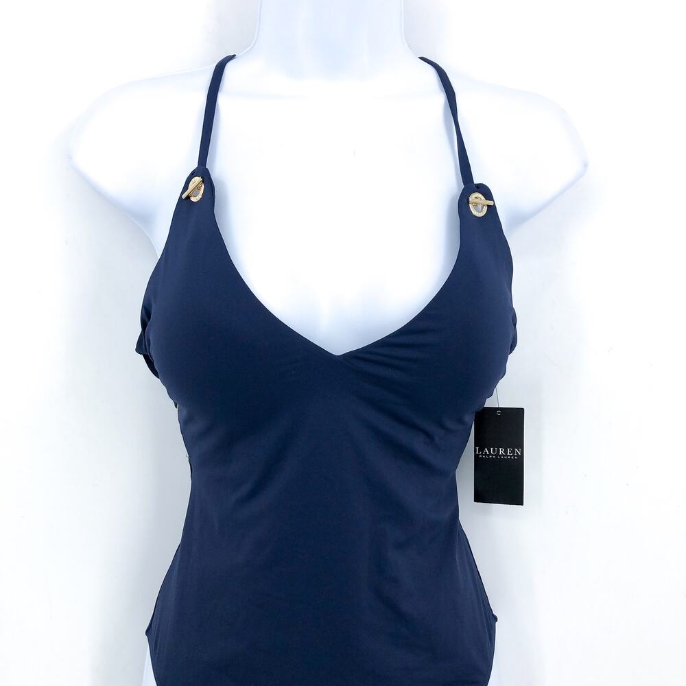 LAUREN RALPH LAUREN Strappy Plunge One-Piece Size 12 Blue Dark Navy Vneck NWT - Picture 4 of 11